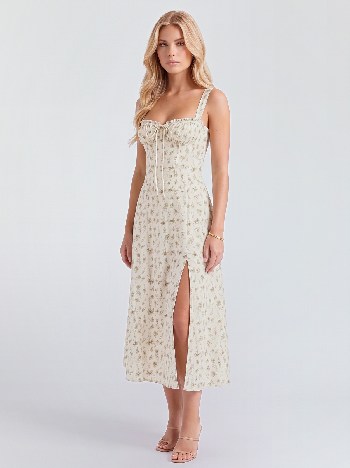Paola Corset Midi Dress - Green Floral