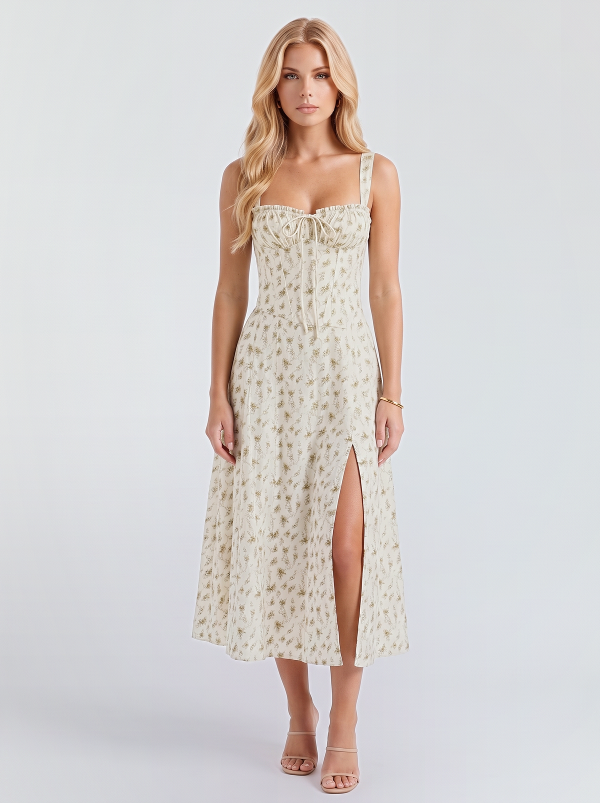 Paola Corset Midi Dress - Green Floral