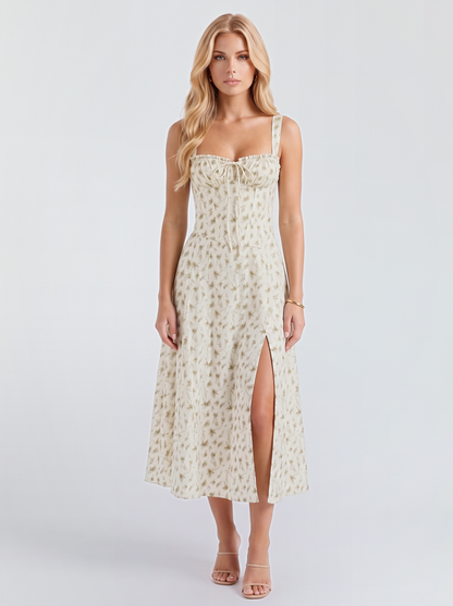 Paola Corset Midi Dress - Green Floral