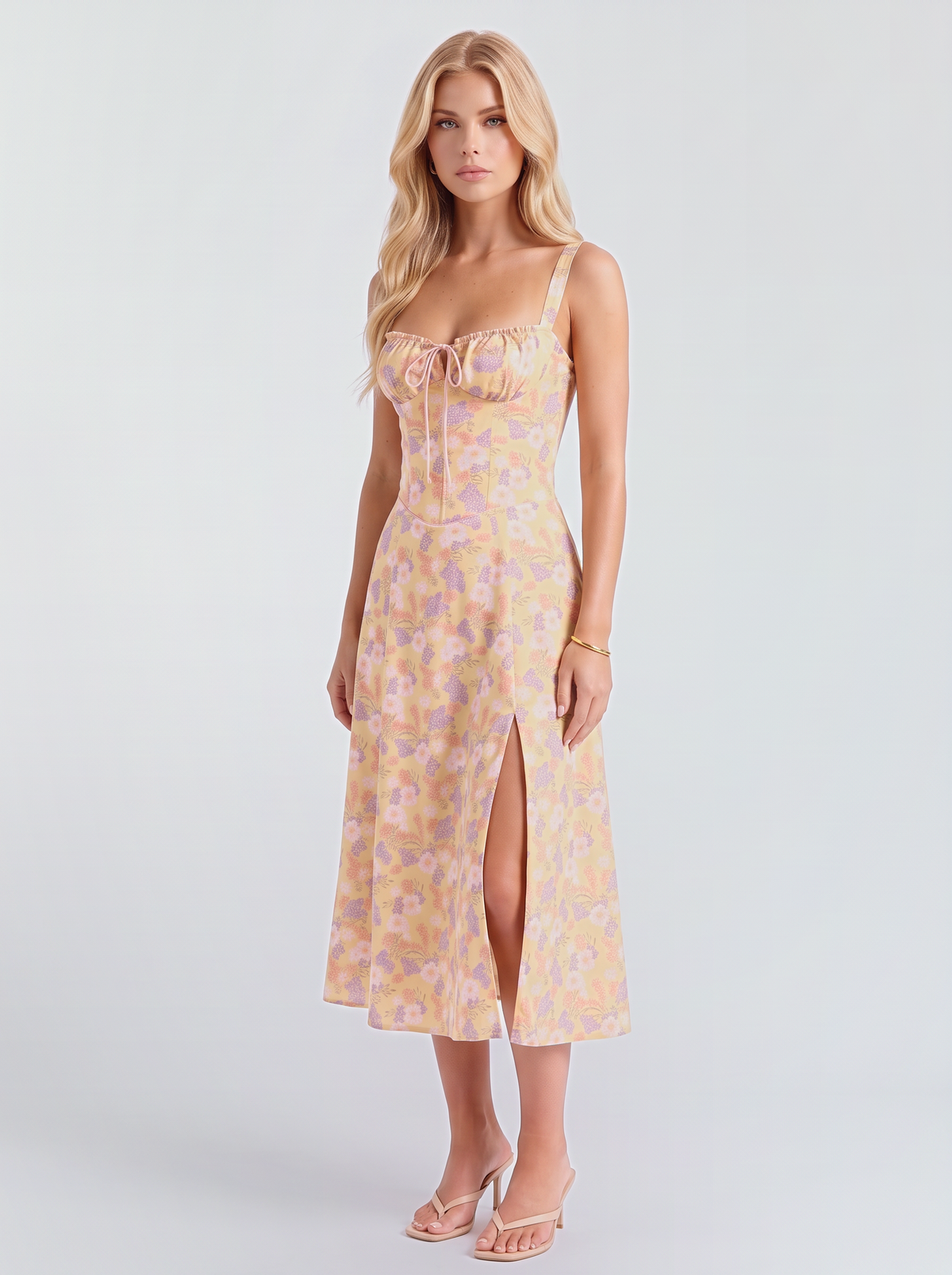 Paola Corset Midi Dress - Yellow Floral
