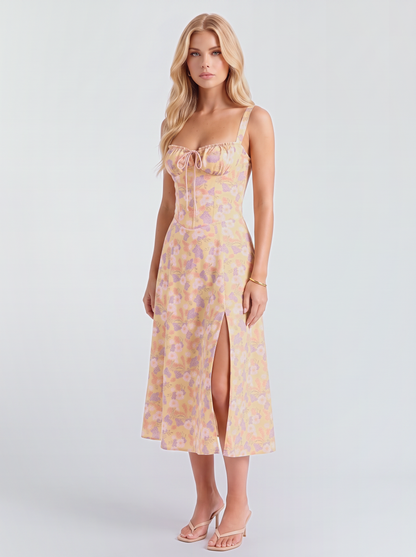 Paola Corset Midi Dress - Yellow Floral
