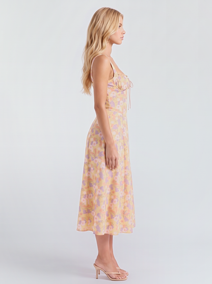 Paola Corset Midi Dress - Yellow Floral