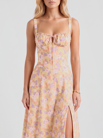 Paola Corset Midi Dress - Yellow Floral