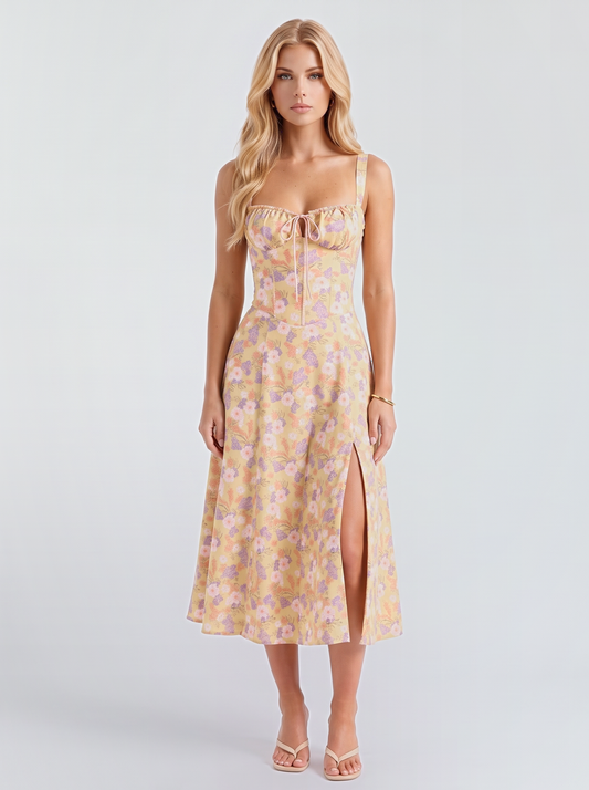 Paola Corset Midi Dress - Yellow Floral