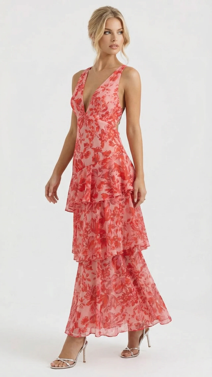 Penelope Ruffle Maxi Dress - Red
