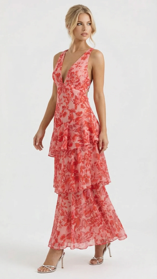 Penelope Ruffle Maxi Dress - Red