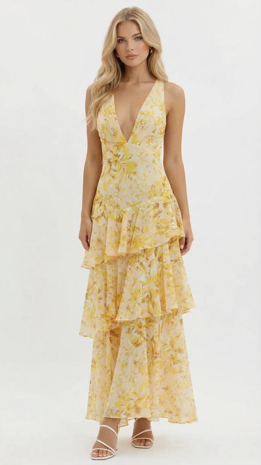 Women yellow floral maxi dress with deep V-neckline and tiered ruffles, front view