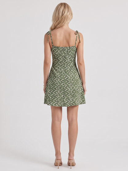 Women army green ruched mini dress with thin straps and floral print