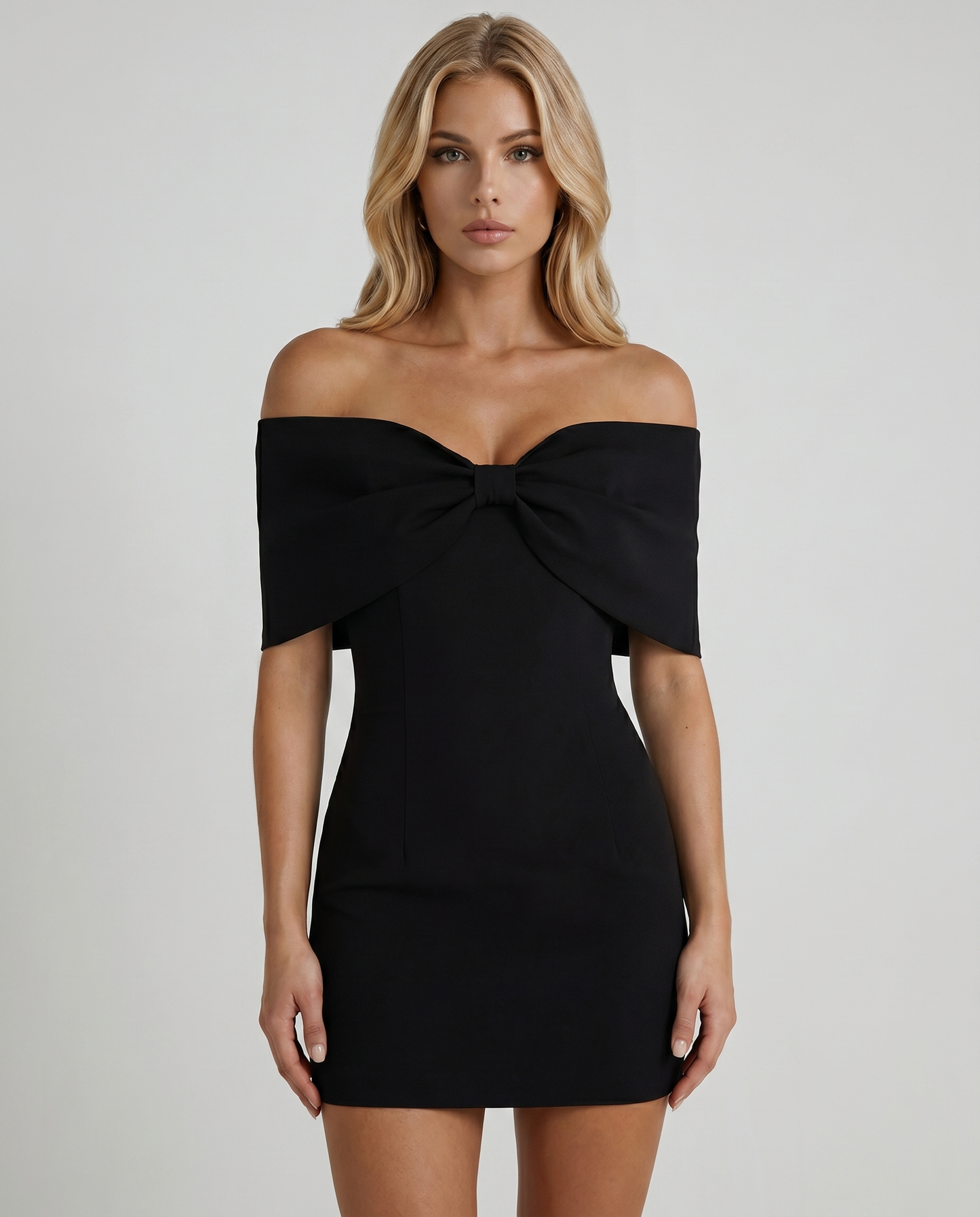 Women black off shoulder bow front mini dress with center bust bow detail, front cropped view