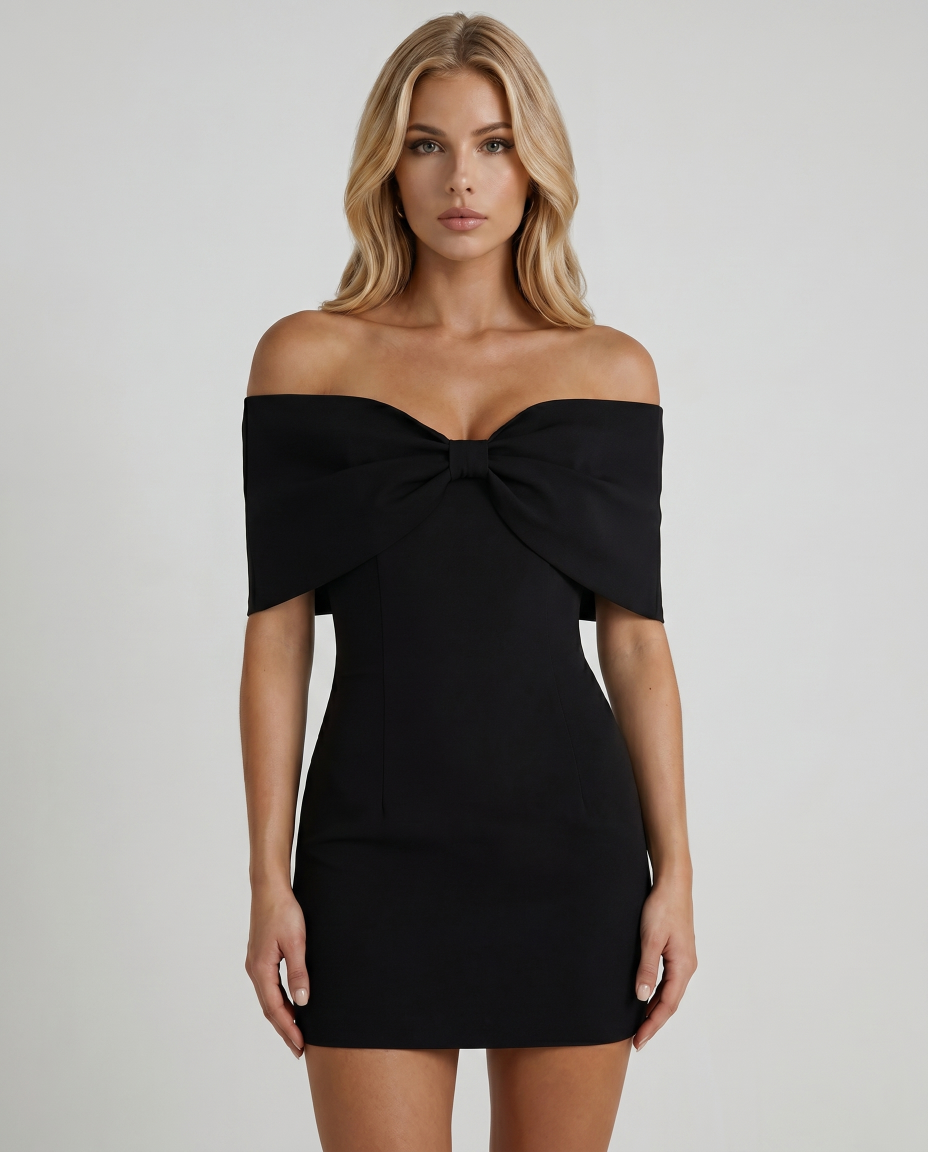 Women black off shoulder bow front mini dress with center bust bow detail, front cropped view