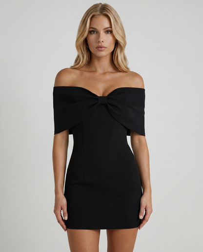 Women black off shoulder bow front mini dress with center bust bow detail, front cropped view