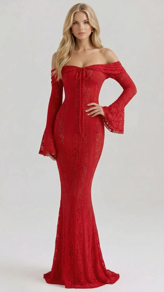 Rebekah Lace Off-Shoulder Maxi Dress - Red