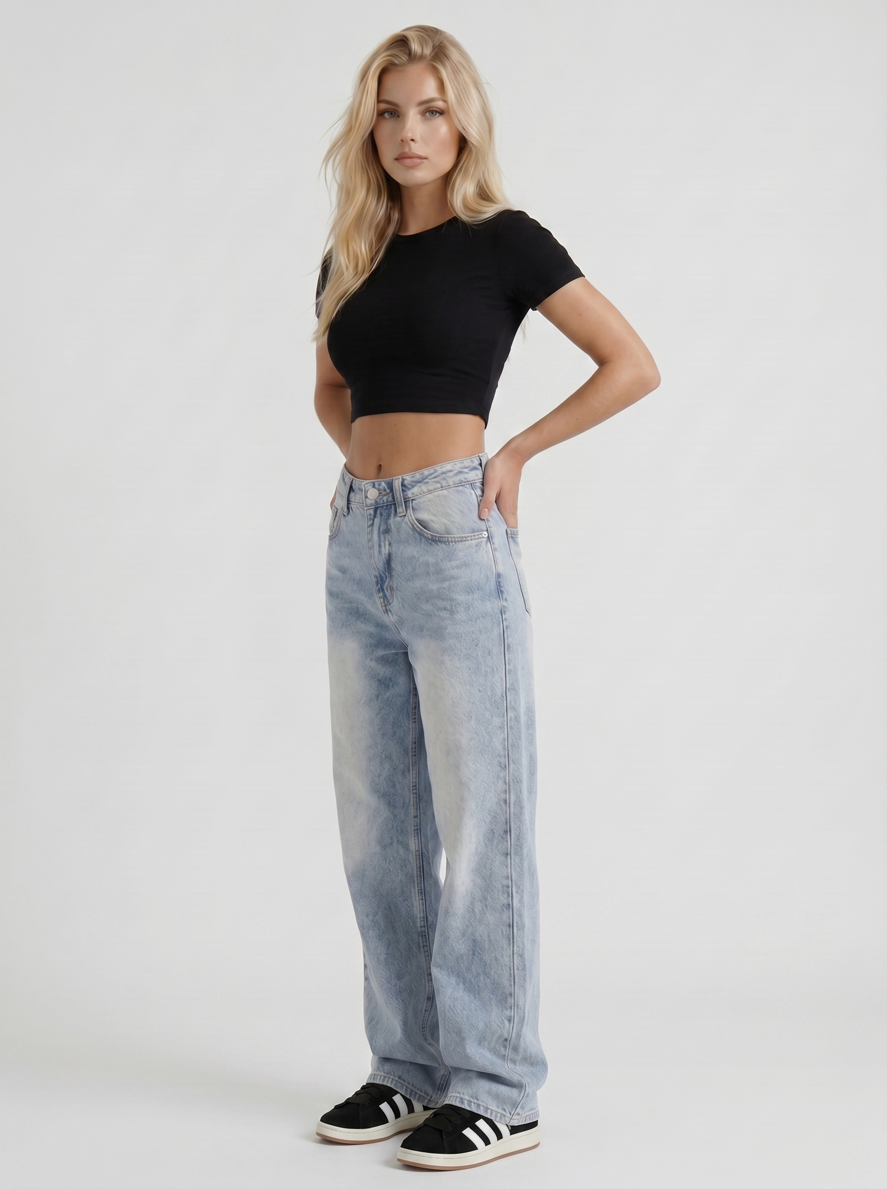 Women light blue baggy mid rise distressed wide leg jeans, 45 angle view