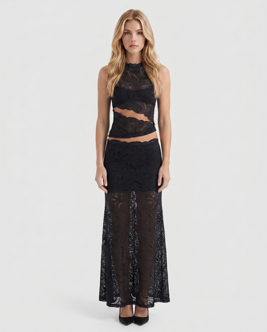Women black lace two piece set with sleeveless top and lace maxi skirt, front view