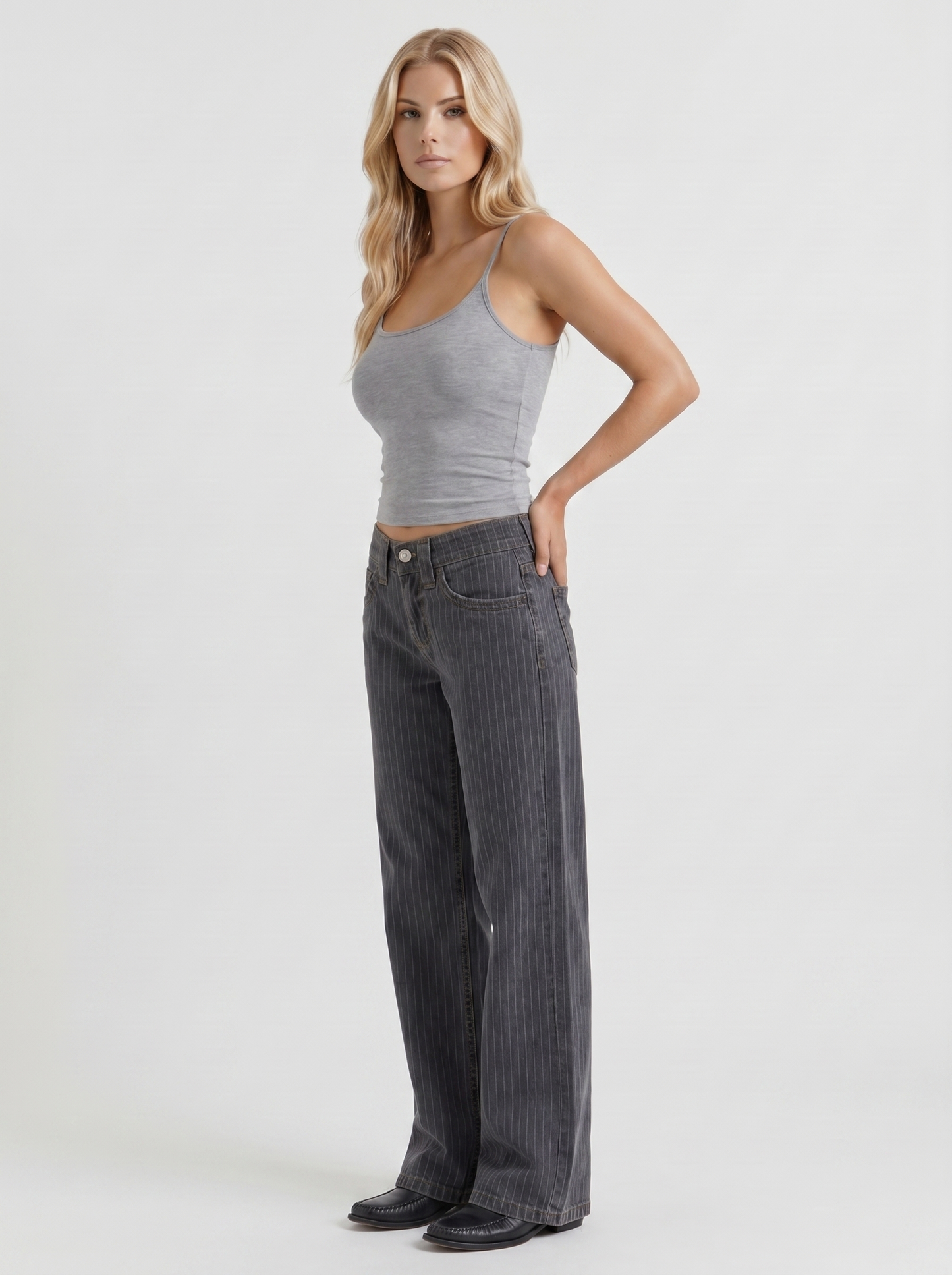 Women charcoal blue low rise pinstripe wide leg jeans, 45 angle view