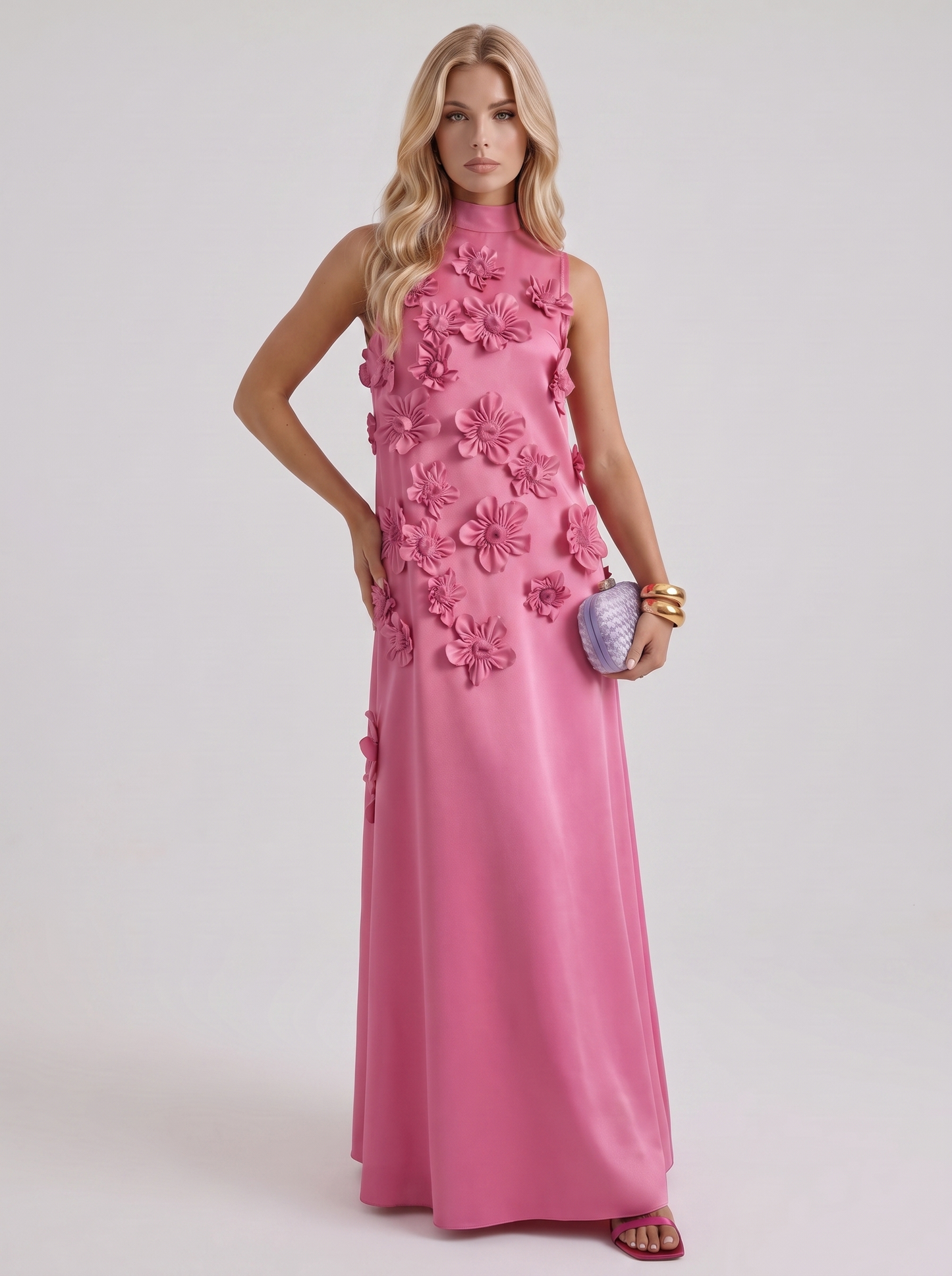 Women dark pink applique maxi dress with high neckline and floral applique