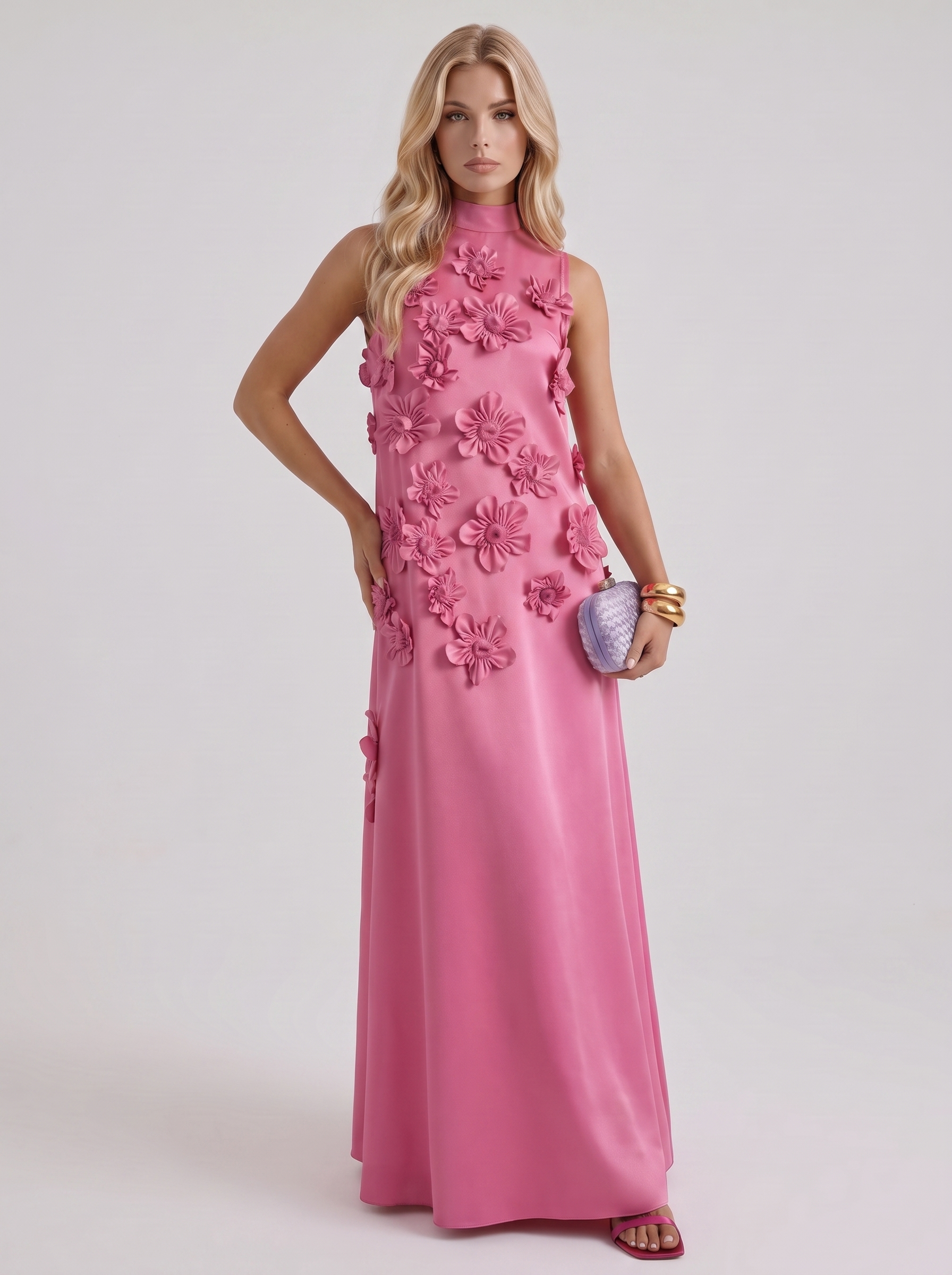 Women dark pink applique maxi dress with high neckline and floral applique