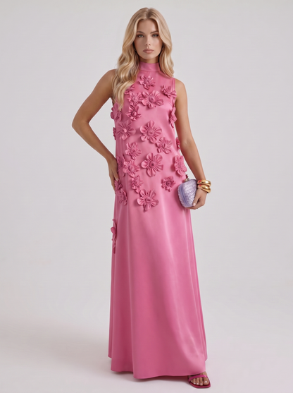 Women dark pink applique maxi dress with high neckline and floral applique