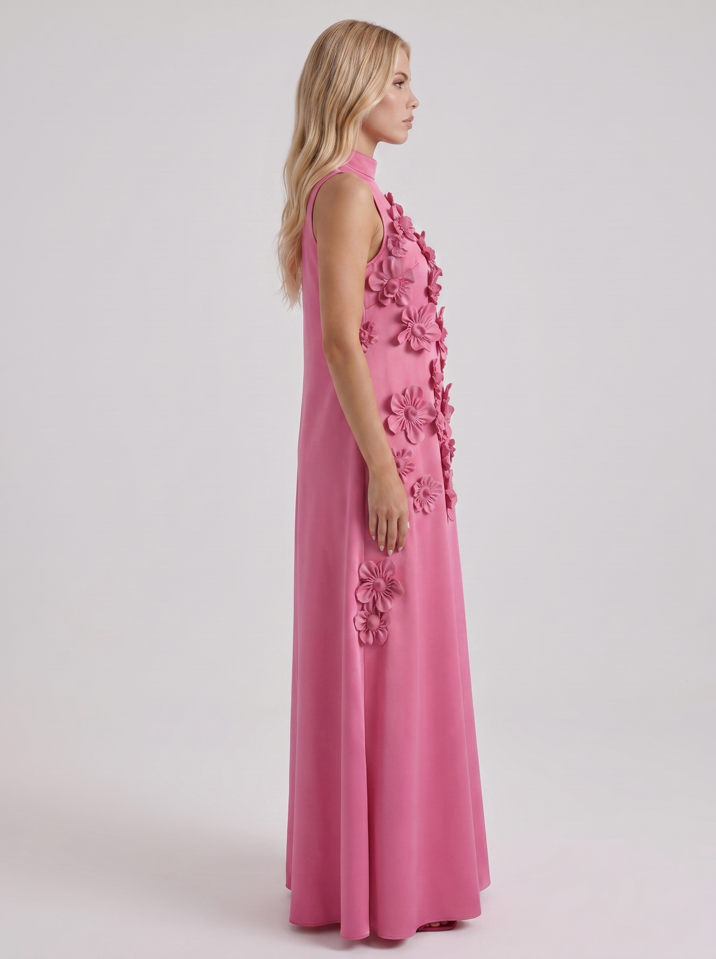 Women dark pink applique maxi dress with high neckline and floral applique