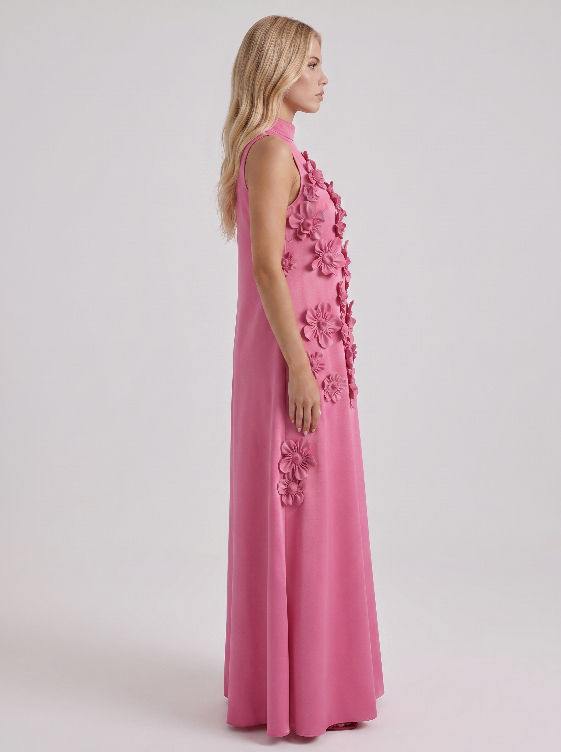 Women dark pink applique maxi dress with high neckline and floral applique