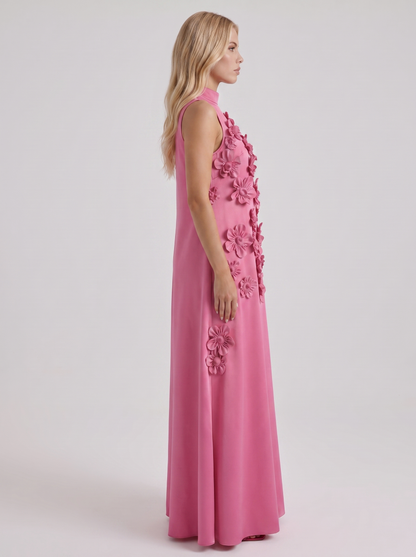 Women dark pink applique maxi dress with high neckline and floral applique