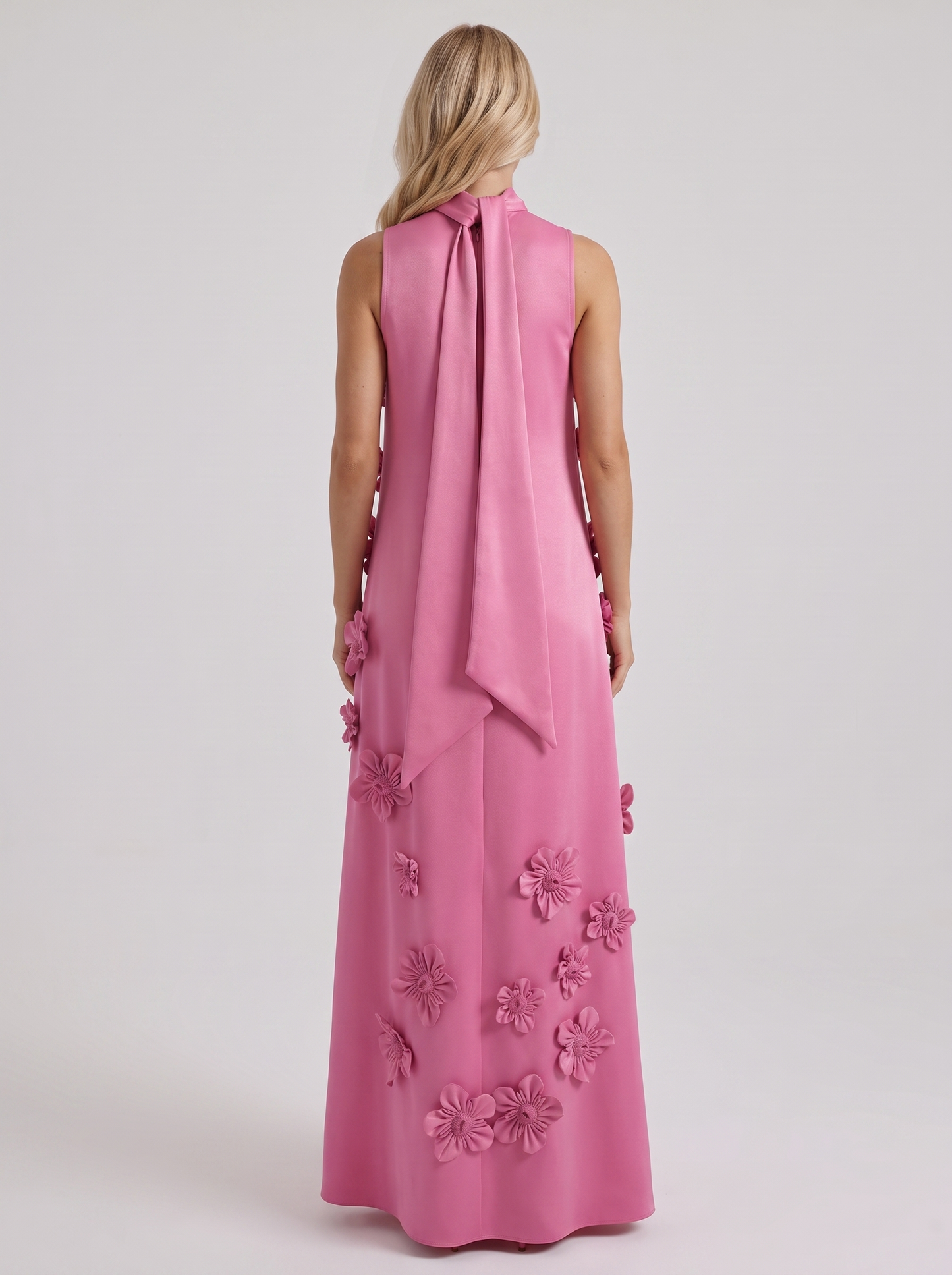 Women dark pink applique maxi dress with high neckline and floral applique