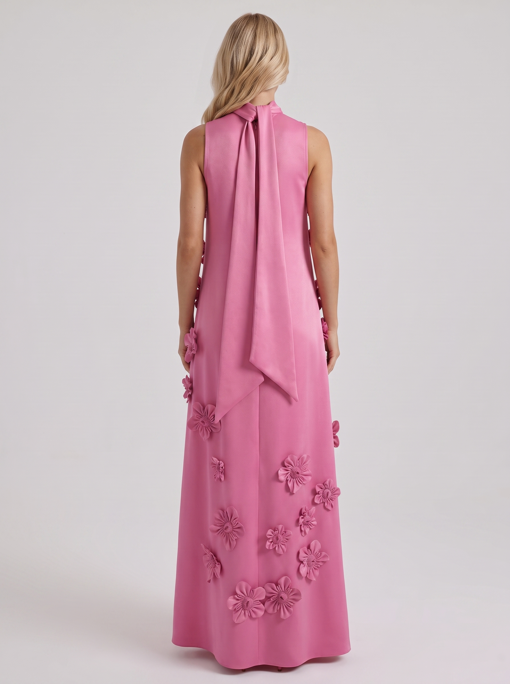 Women dark pink applique maxi dress with high neckline and floral applique