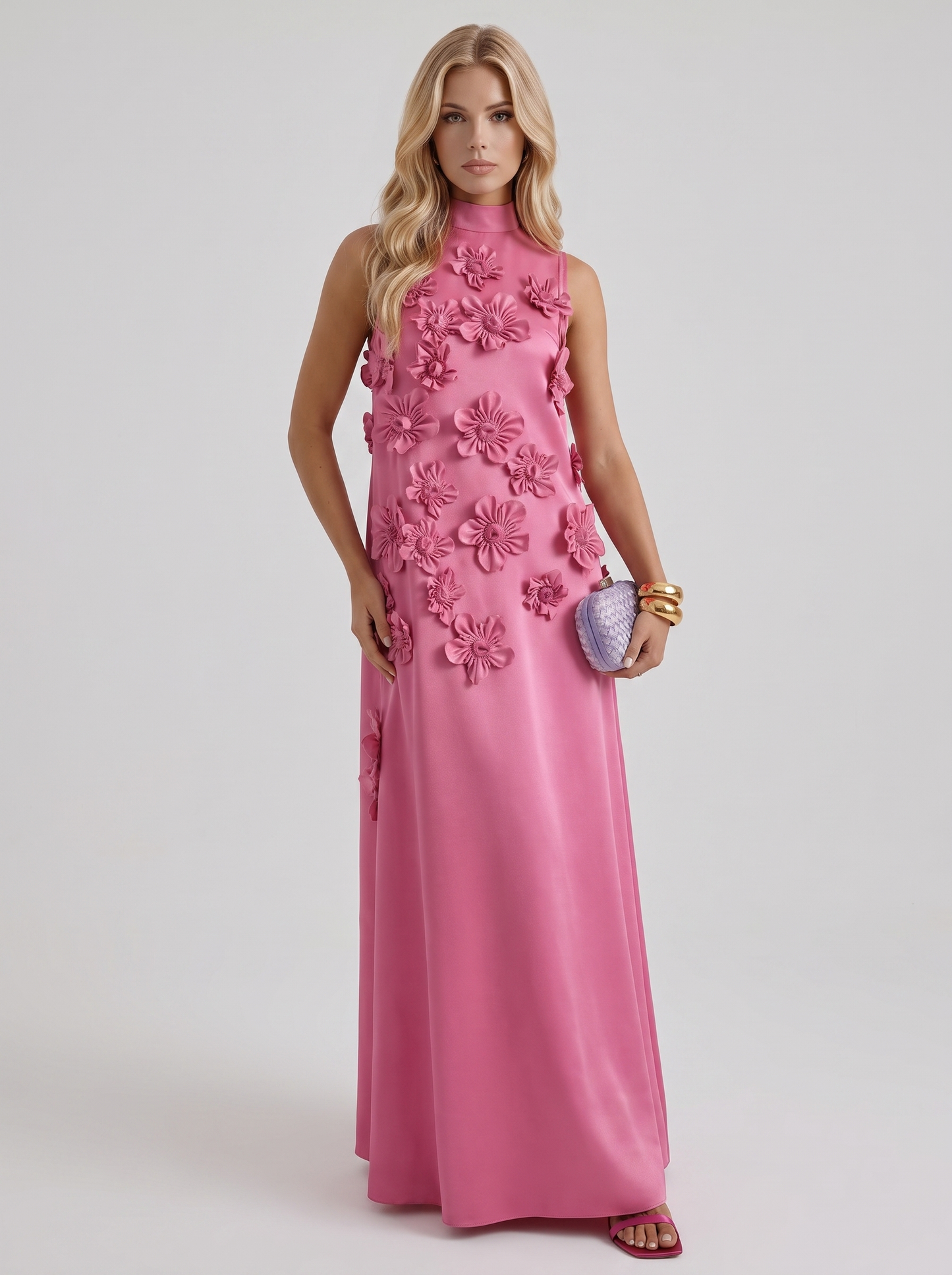 Women dark pink applique maxi dress with high neckline and floral applique