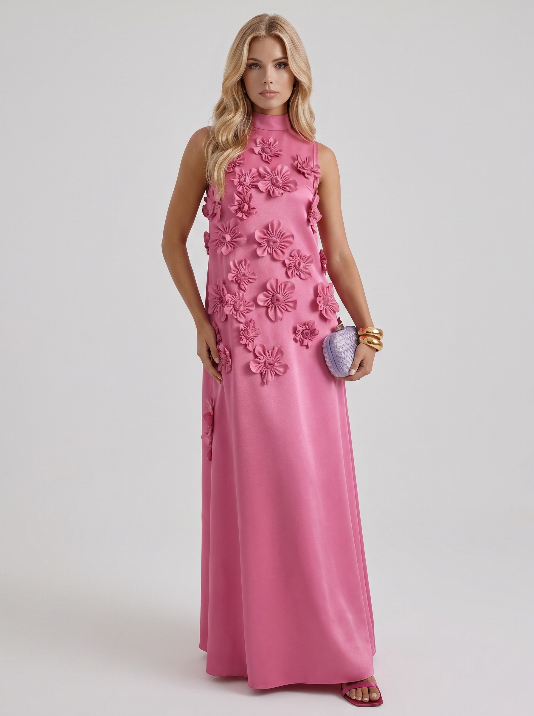 Women dark pink applique maxi dress with high neckline and floral applique