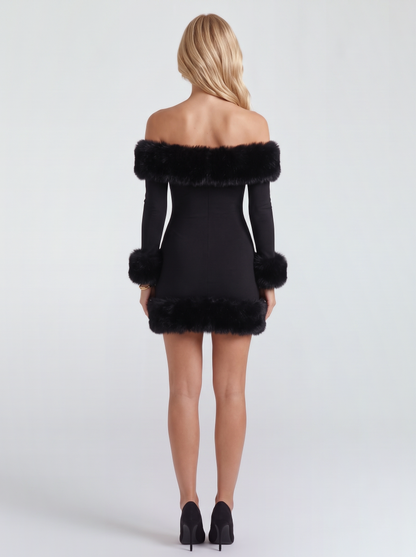Rosella Fur Mini Dress - Black