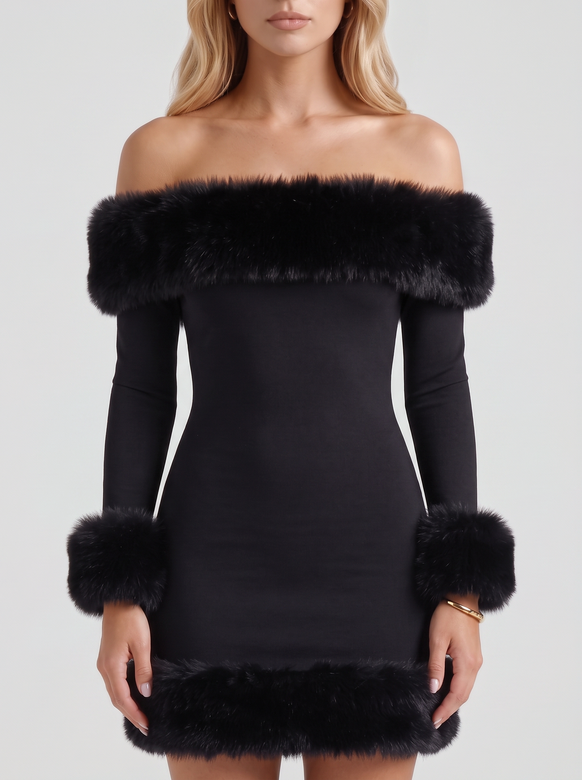 Rosella Fur Mini Dress - Black