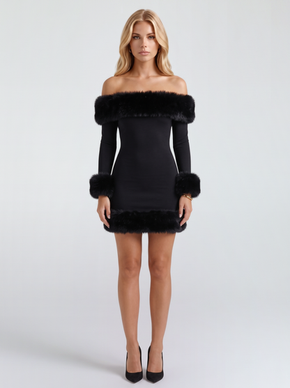 Rosella Fur Mini Dress - Black