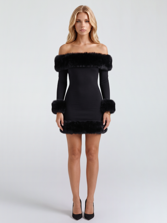 Rosella Fur Mini Dress - Black