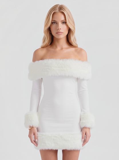 Rosella Fur Mini Dress - White
