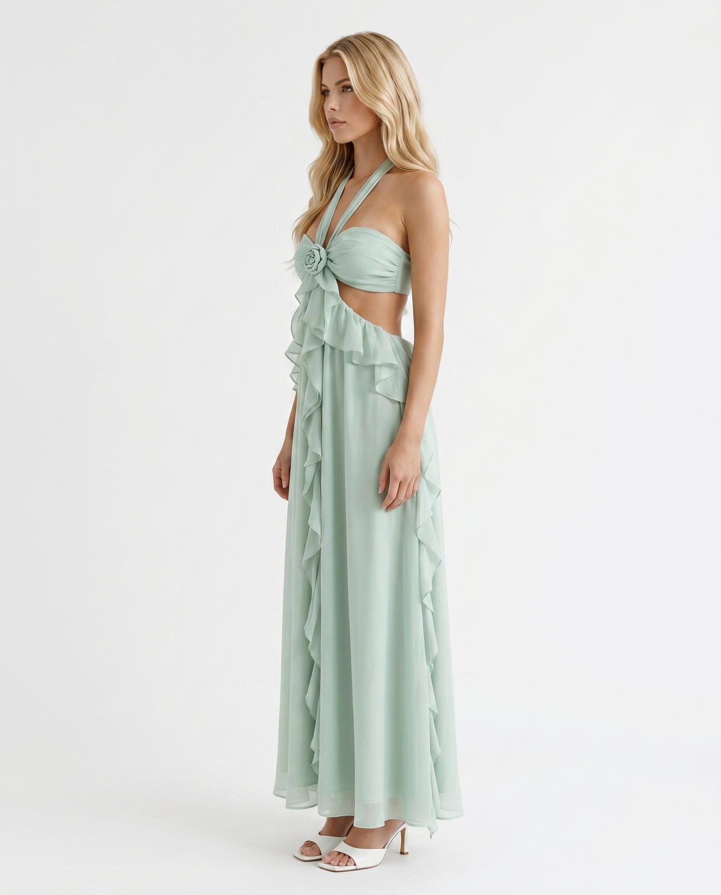 Roselyn Floral Ruffle Cutout Maxi Dress - Green