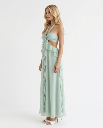 Roselyn Floral Ruffle Cutout Maxi Dress - Green