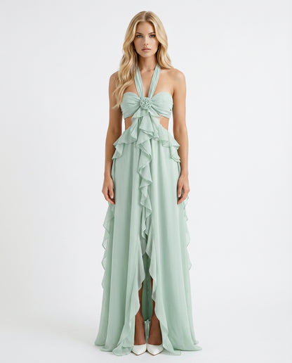Roselyn Floral Ruffle Cutout Maxi Dress - Green