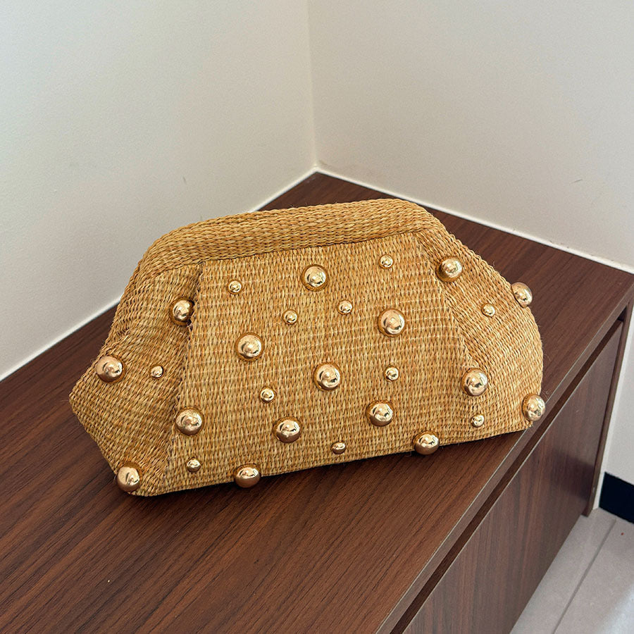 Women khaki clutch bag with studded detail and woven body