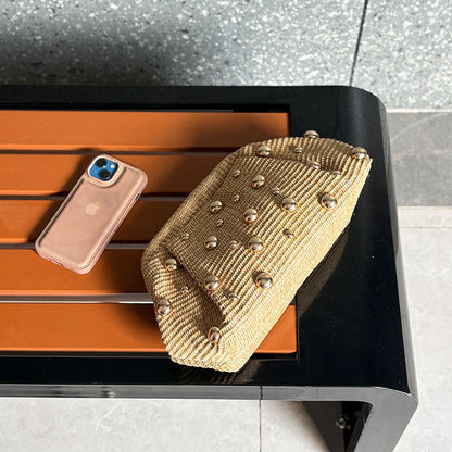 Women khaki clutch bag with studded detail and woven body
