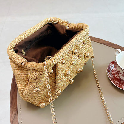 Women khaki clutch bag with studded detail and woven body