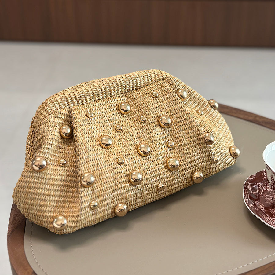 Women khaki clutch bag with studded detail and woven body