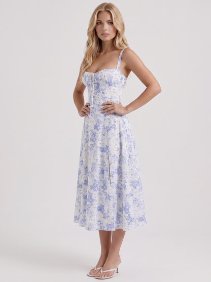 Sabine Toile Print Puff Sleeve Midi Dress - Light Blue