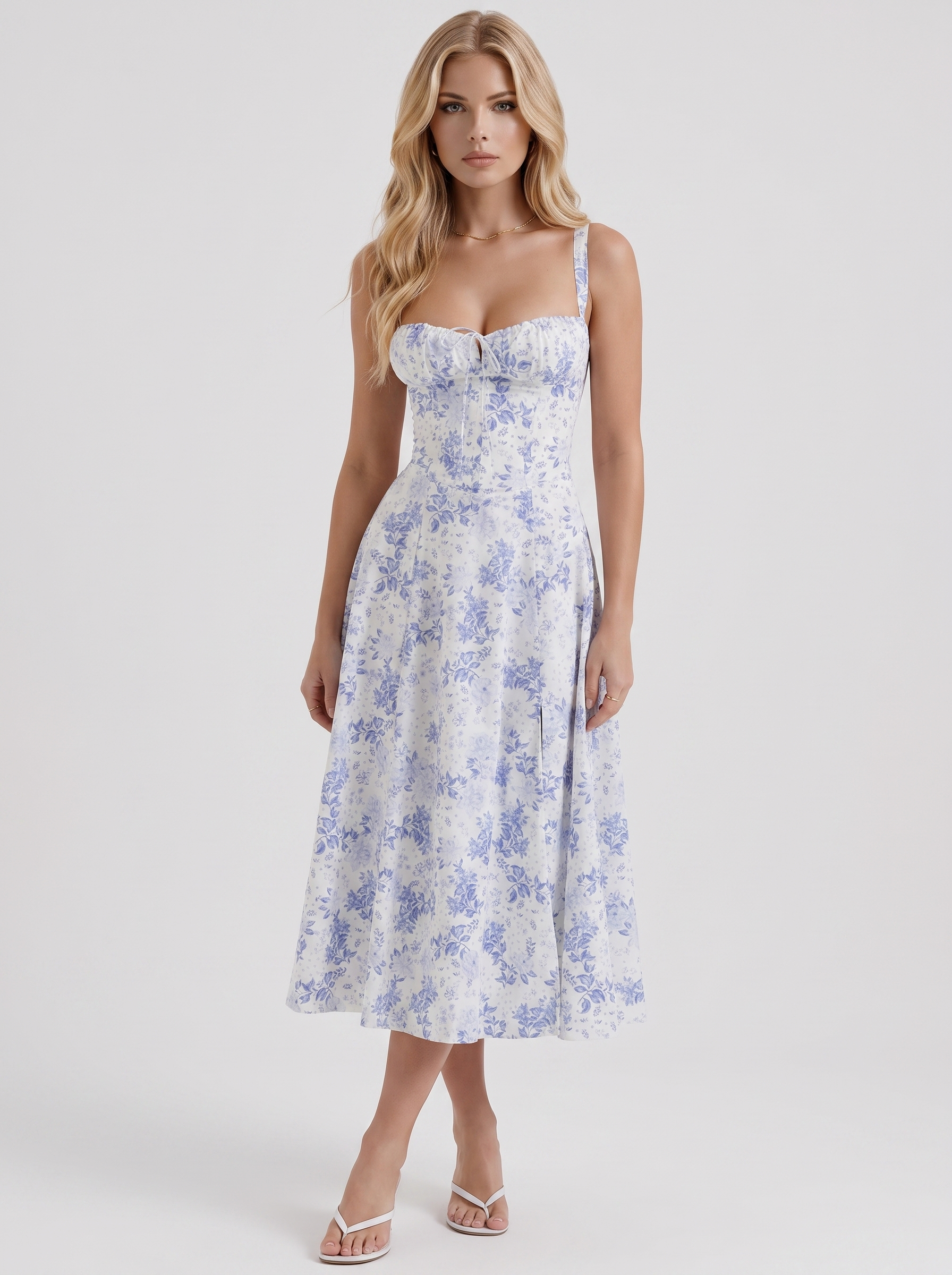 Sabine Toile Print Puff Sleeve Midi Dress - Light Blue