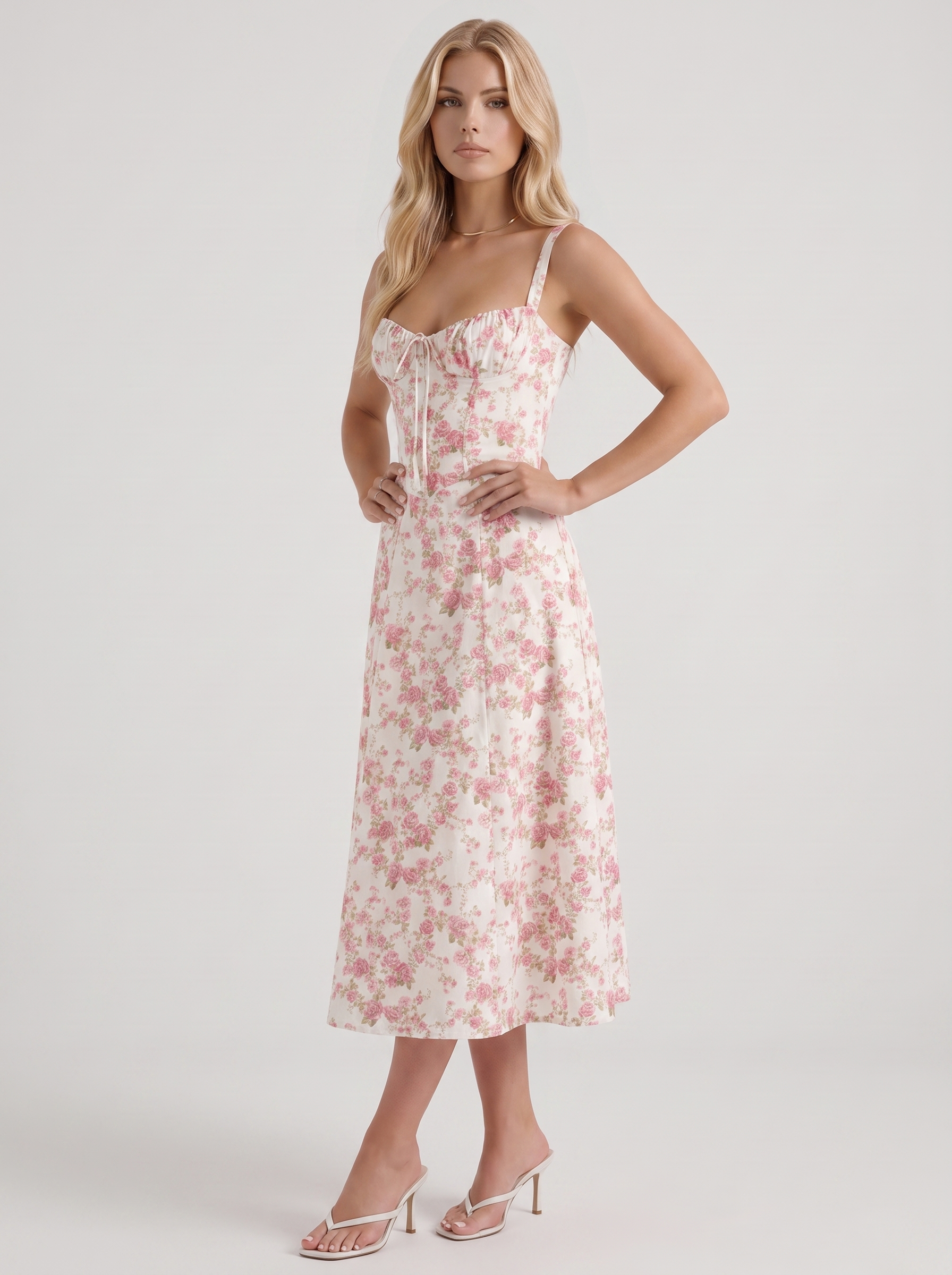 Sabine Toile Print Puff Sleeve Midi Dress - Light Pink