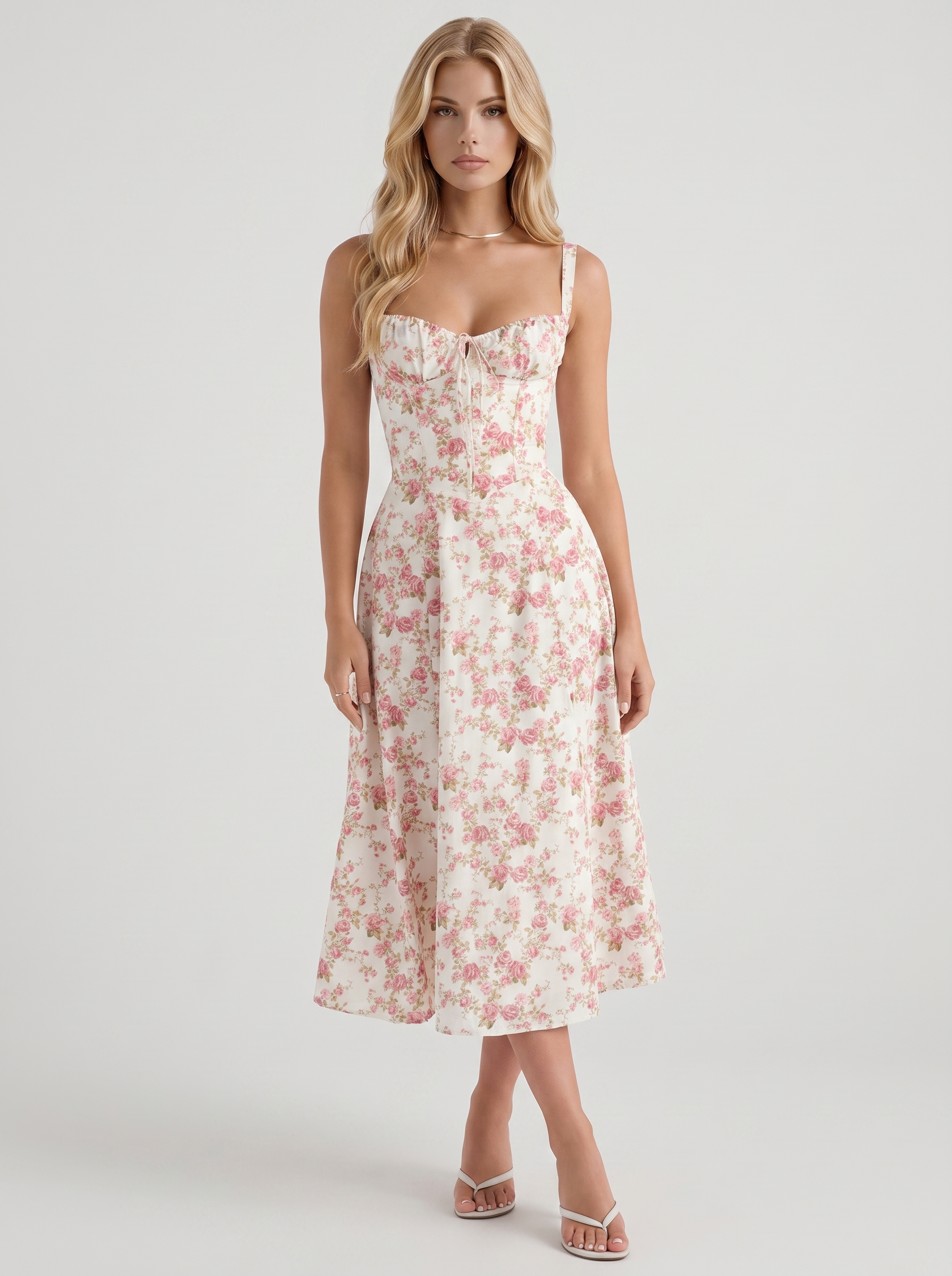 Sabine Toile Print Puff Sleeve Midi Dress - Light Pink