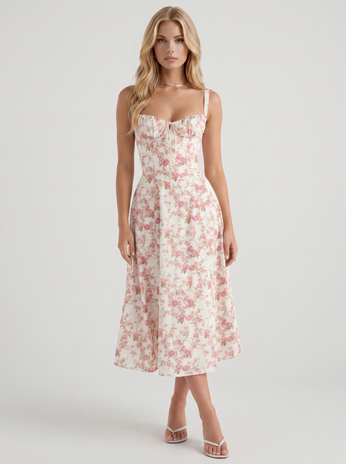 Sabine Toile Print Puff Sleeve Midi Dress - Light Pink