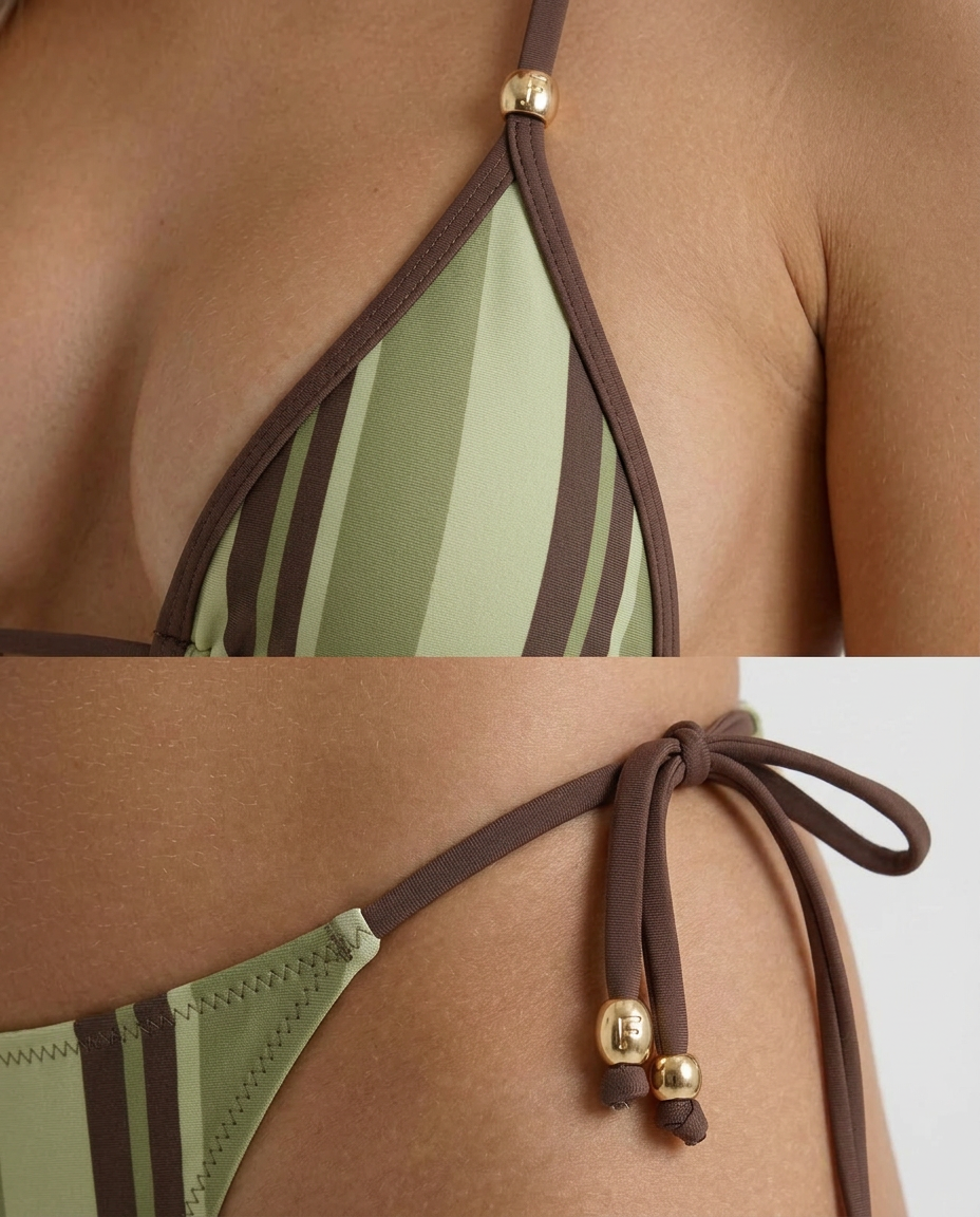 Women green brown Cabo stripe triangle string bikini set, detail view