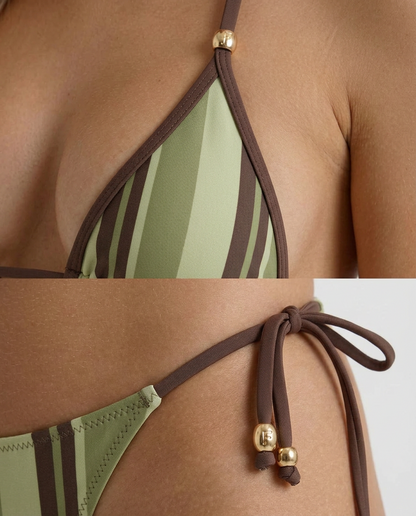 Women green brown Cabo stripe triangle string bikini set, detail view