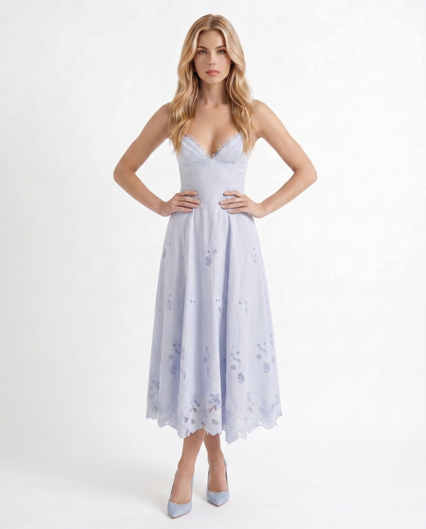 Women blue V neck midi dress with fit and flare skirt and scalloped hem, 45 degree angle