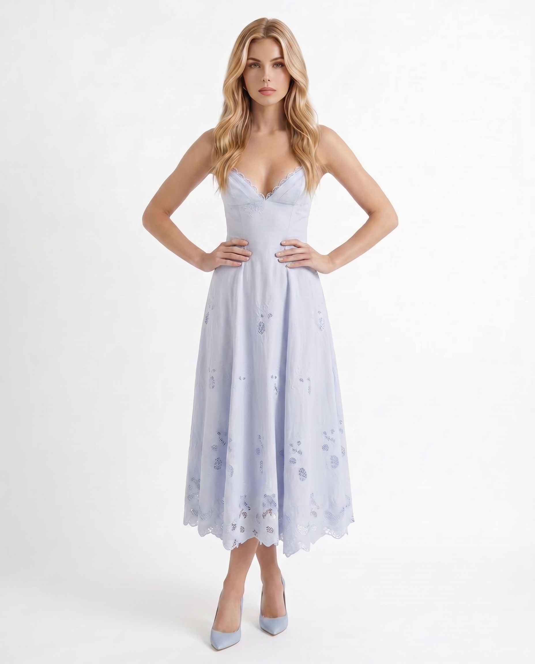 Women blue V neck midi dress with fit and flare skirt and scalloped hem, 45 degree angle